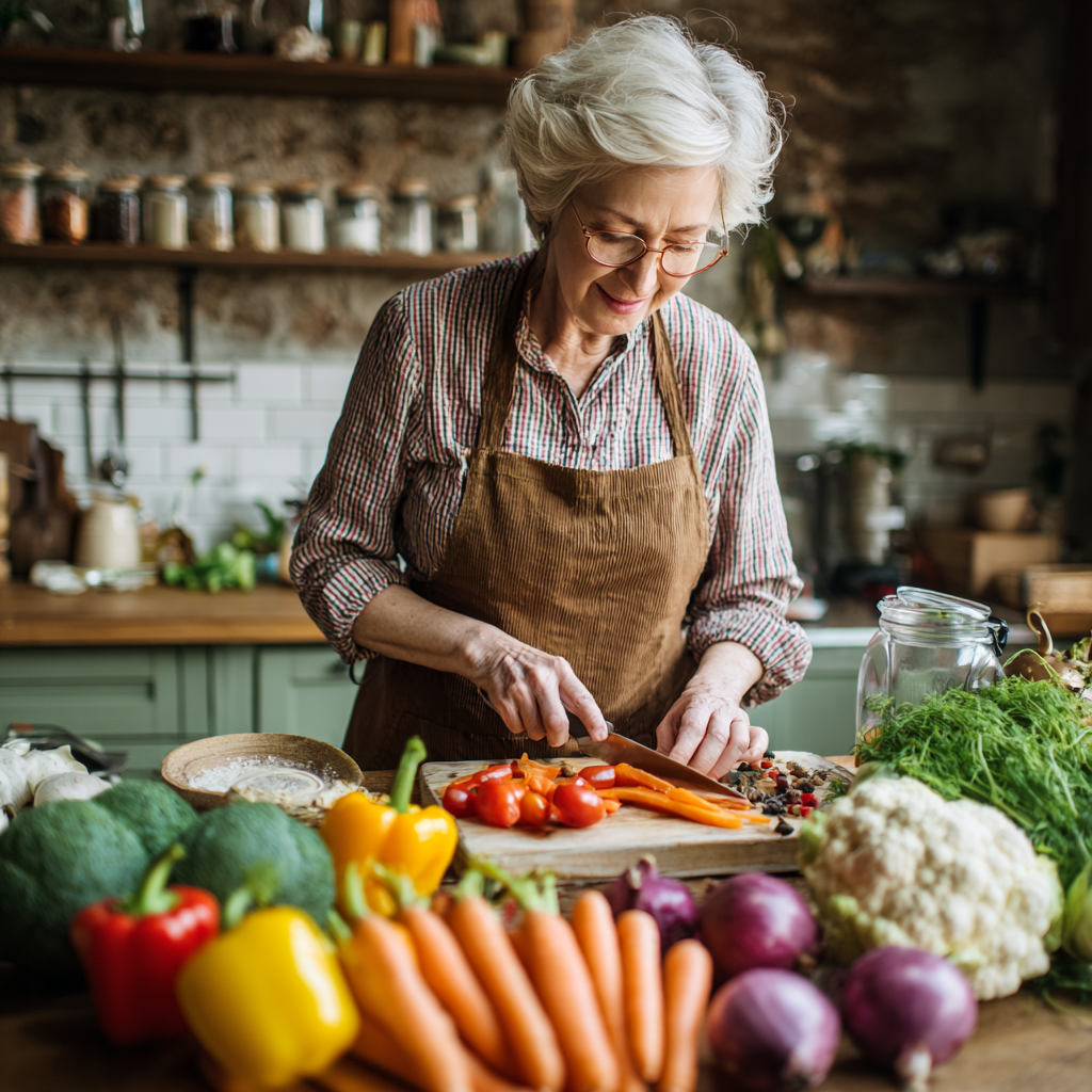 mature adult preparing colorful healthy ingredients for balanced nutrition