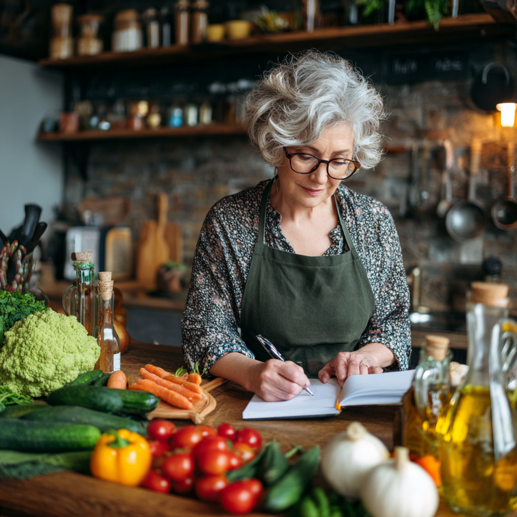 mature woman planning healthy meals with nutritional guidance